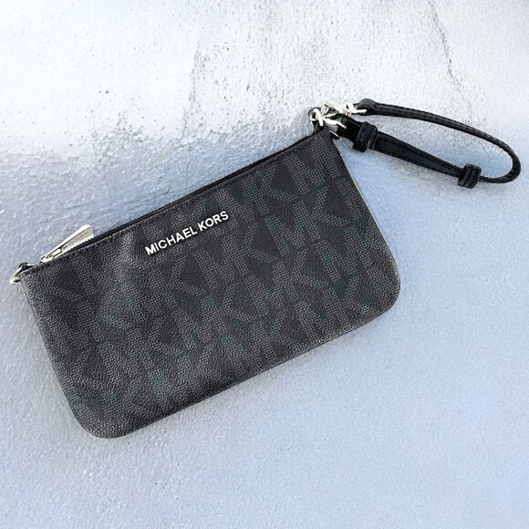 Michael Kors Brown &  Black Logo Saffiano Leather Wristlet Pouch Handbag - Picture 1 of 7